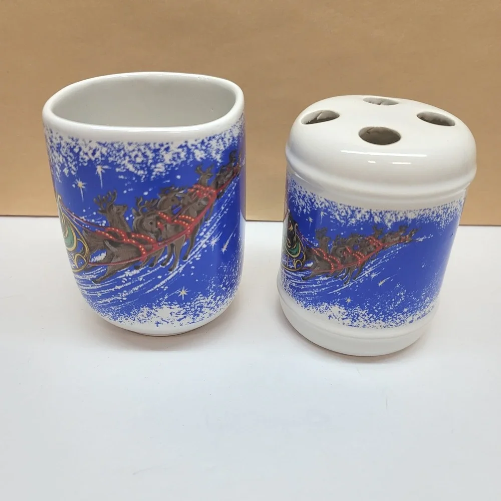 Vintage Christmas Santa Sleigh Ceramic Toothbrush Holder and Cup Set Blue White